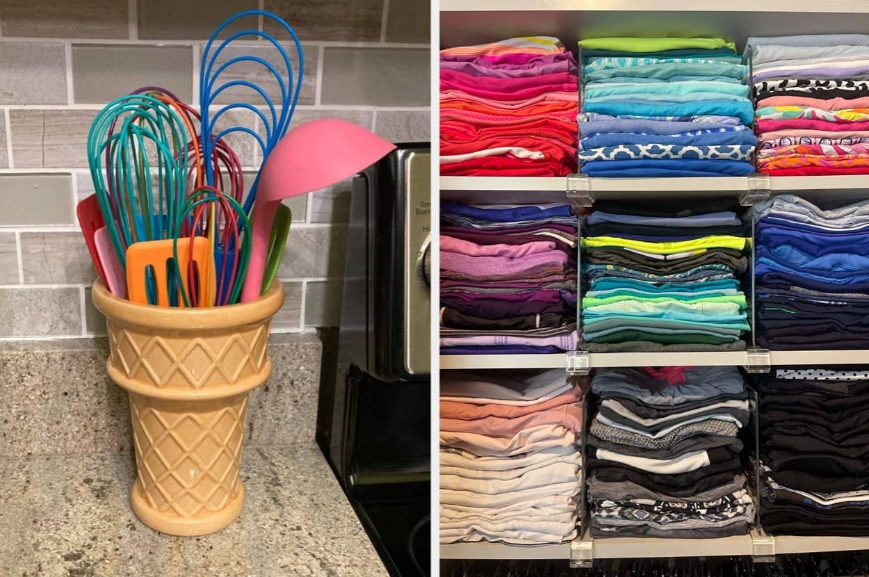 Kitchen utensils in a waffle-patterned holder on the left, with neatly folded colorful clothing on shelves to the right