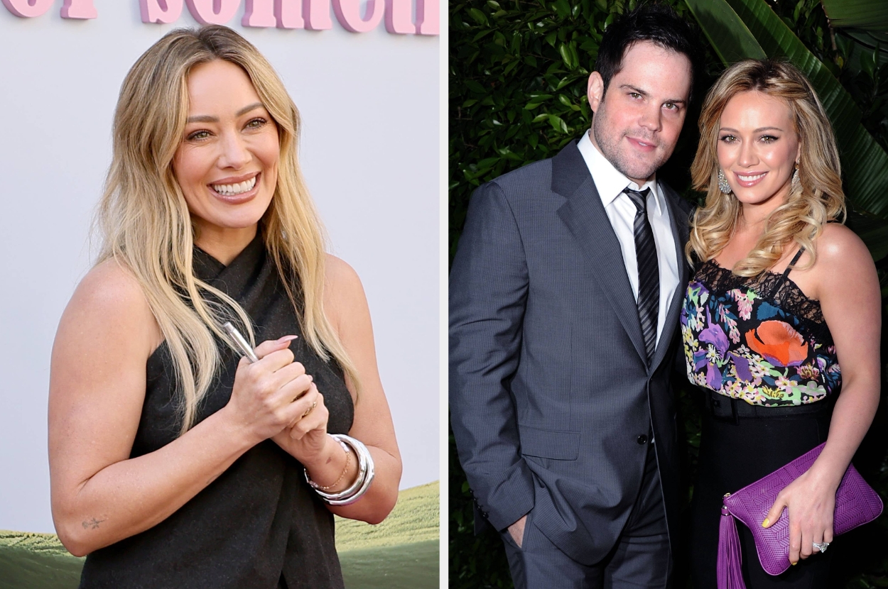 Person on the left smiles in casual attire. On the right, two people at an event; one in a dark suit, the other in a floral outfit holding a purple clutch