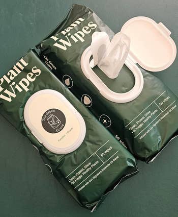 Two packs of works wipes with unfastened lid showing a wipe. Packaging highlights
