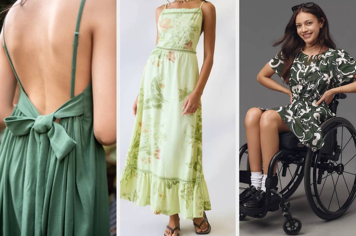 Three women showcasing summer dresses, one on a wheelchair. Dresses feature floral patterns, spaghetti straps, and a back-tie design