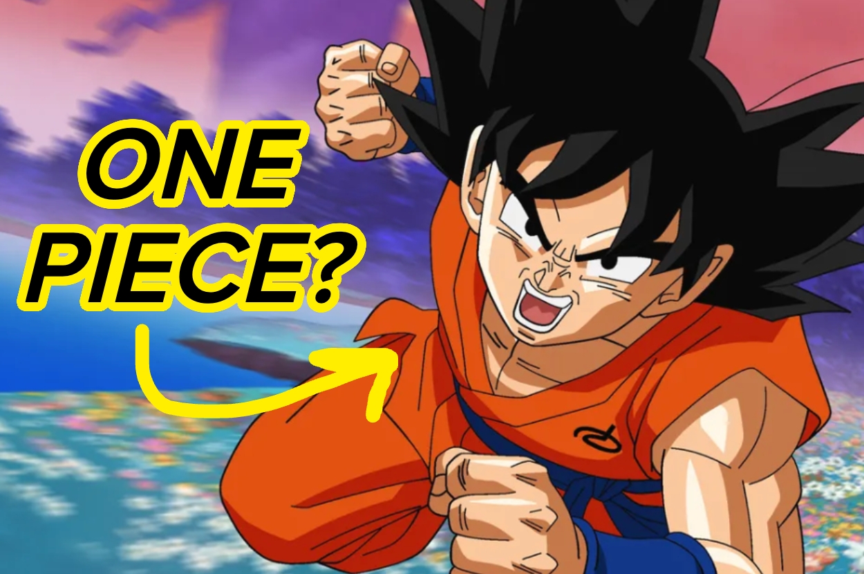 Anime character with spiky hair and orange gi is mid-flight, with text "One Piece?" and an arrow pointing to him