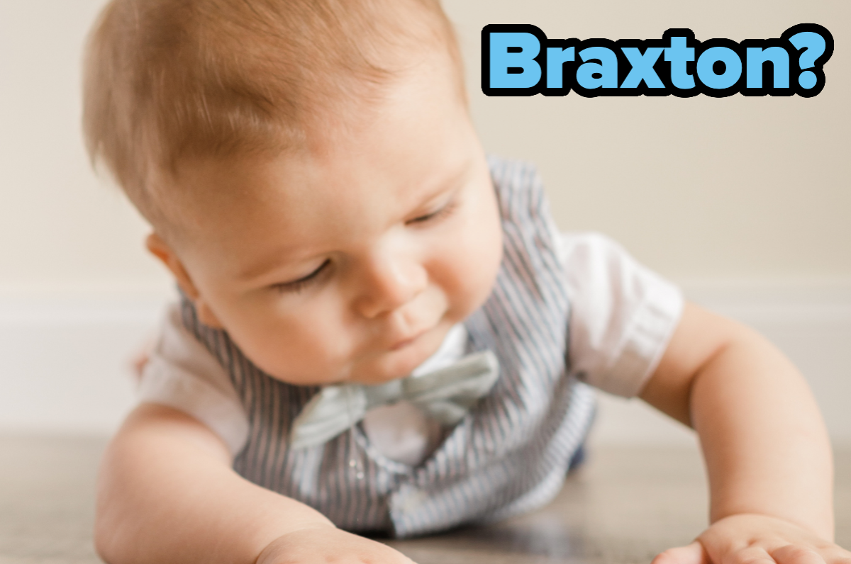 Baby in a striped vest and bow tie crawls on the floor. The name "Braxton?" is displayed in bold text