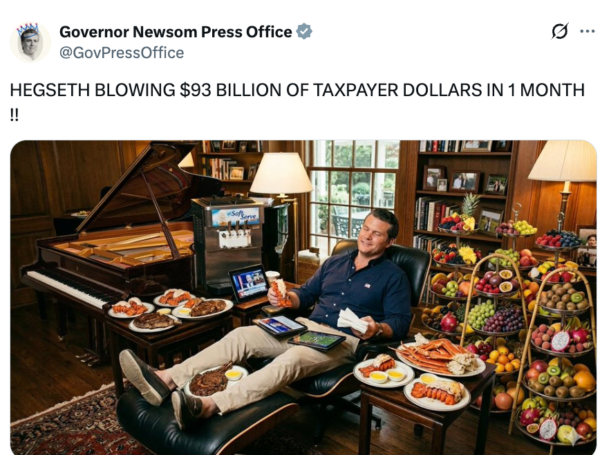 A antheral   relaxes adjacent   a soft  surrounded by nutrient  and fruits. A integer  instrumentality  and documents are nearby. The substance   accuses Hegseth of wasting $93 billion