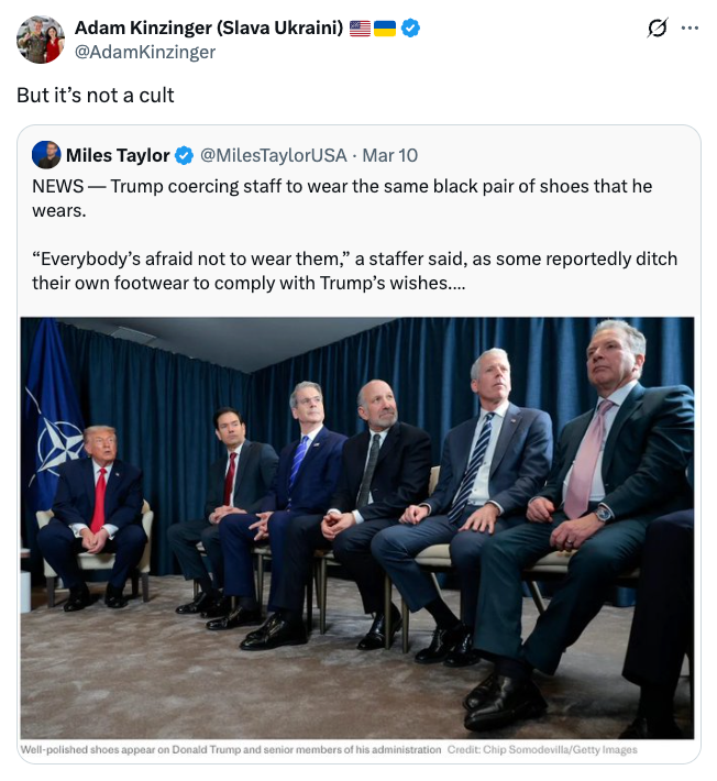 Tweet by Adam Kinzinger referencing a post by Miles Taylor. Image shows Donald Trump seated and staff standing in formal attire