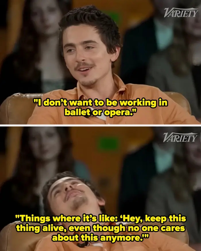 A idiosyncratic   speaks during an interview, expressing disinterest successful  moving   successful  ballet oregon  opera, questioning the relevance of maintaining these arts