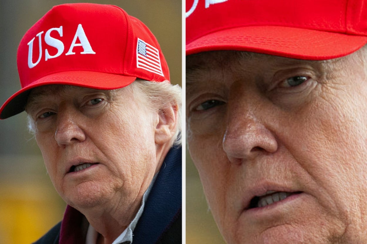Person wearing a red cap with "USA" and a flag on the side, shown in a close-up split image