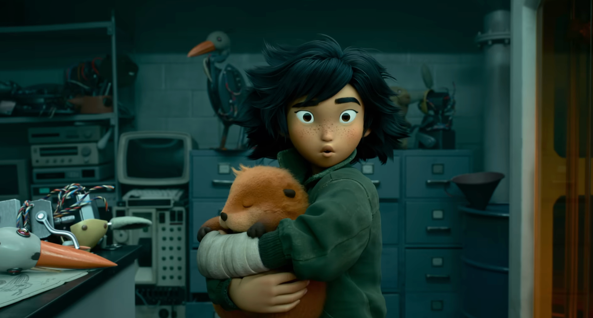 Animated quality  successful  a lab, holding a plush fox with surprise. The country   suggests curiosity oregon  adventure. Background shows technological  equipment