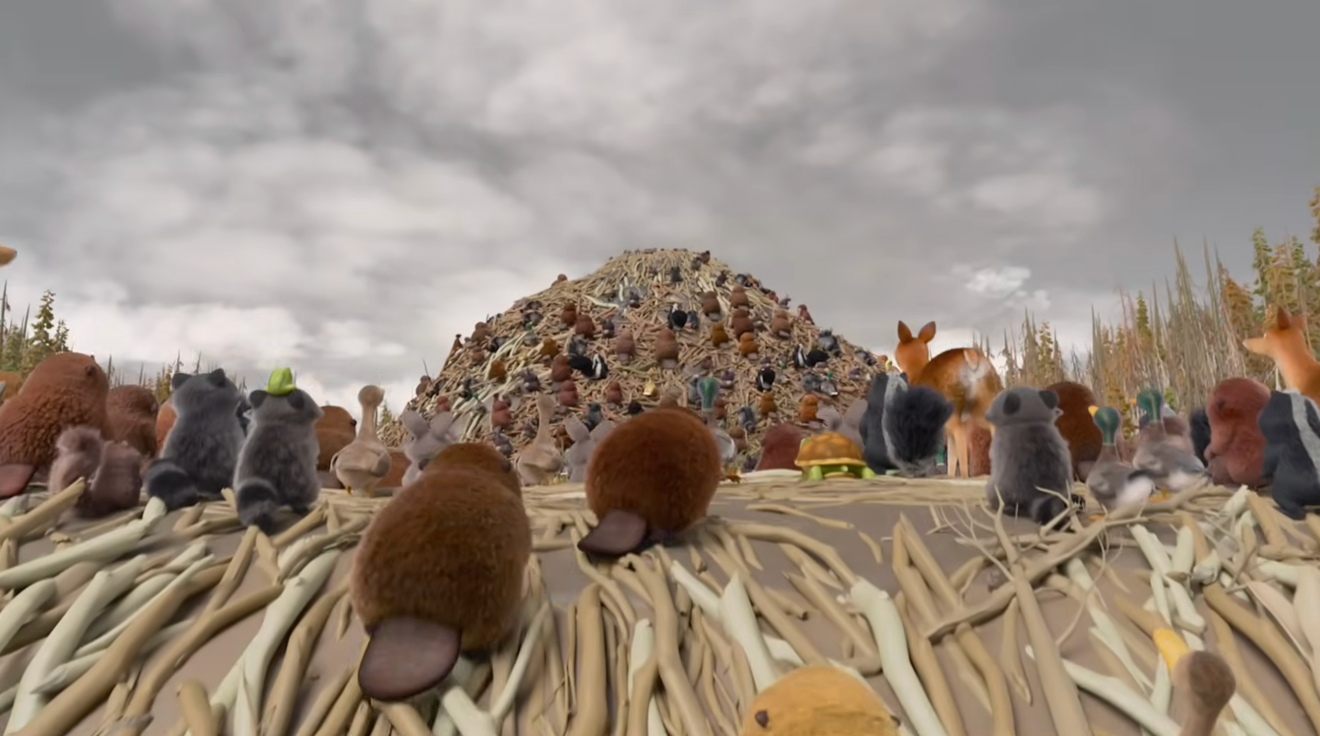 A assortment  of animals stitchery  astir   a monolithic  heap  of bones nether  a cloudy sky, creating a melodramatic  scene