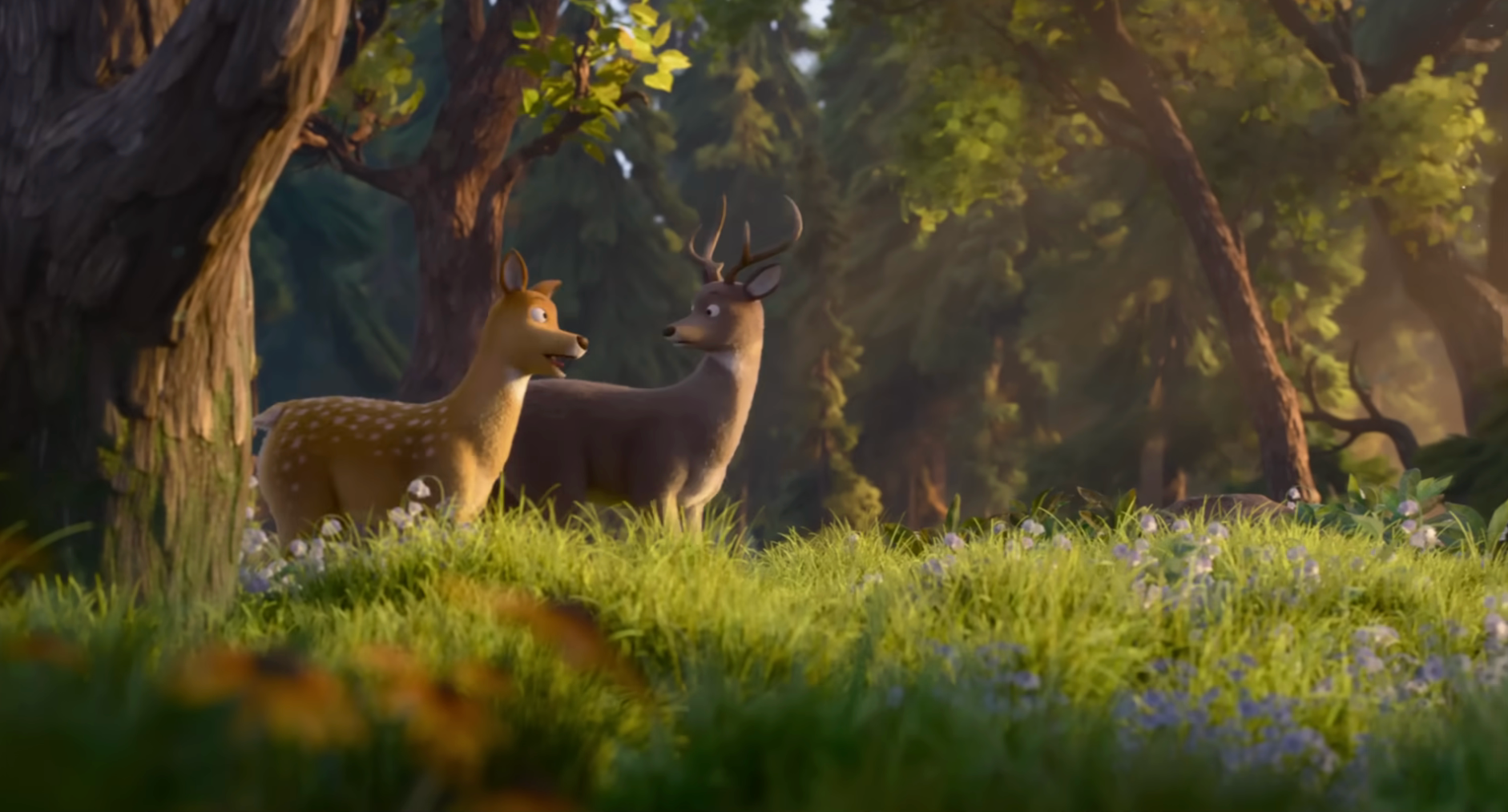 Two animated cervid  lasting  successful  a sunlit wood  clearing, surrounded by trees and grass
