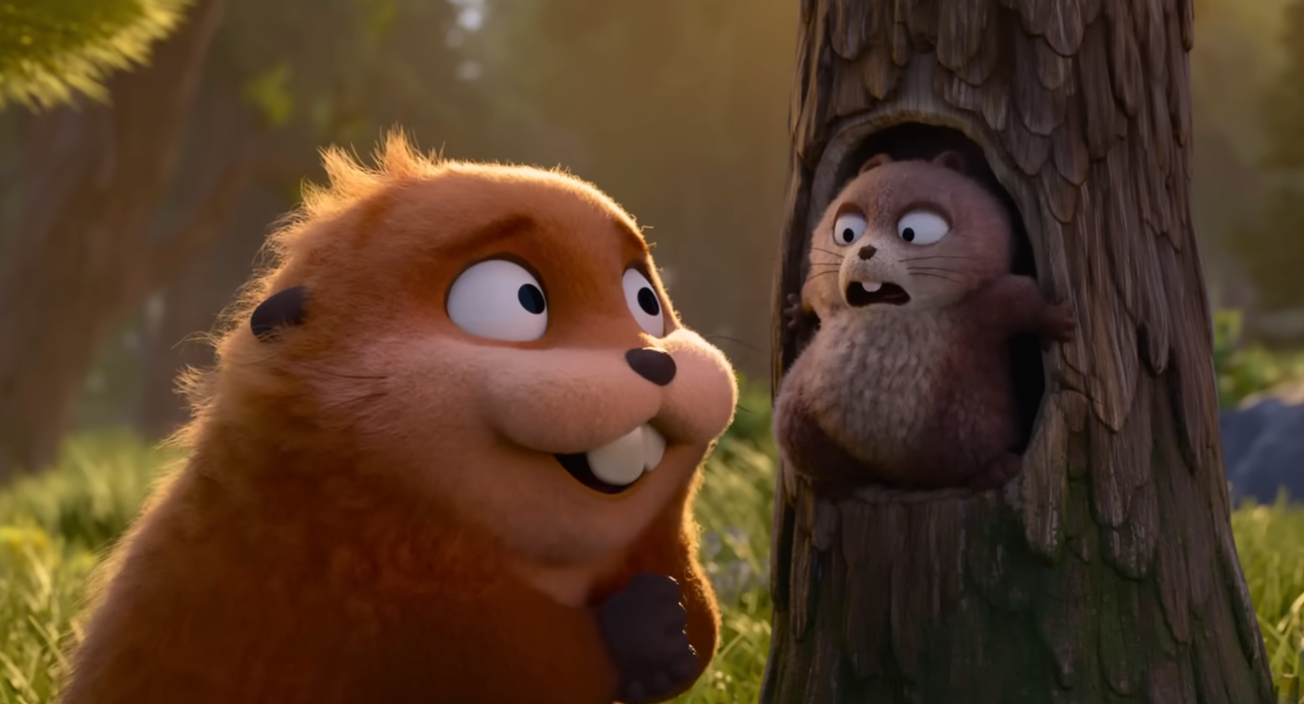 Animated beaver and squirrel stock  a amazed  look, lasting  adjacent   a histrion   successful  a wood  scene