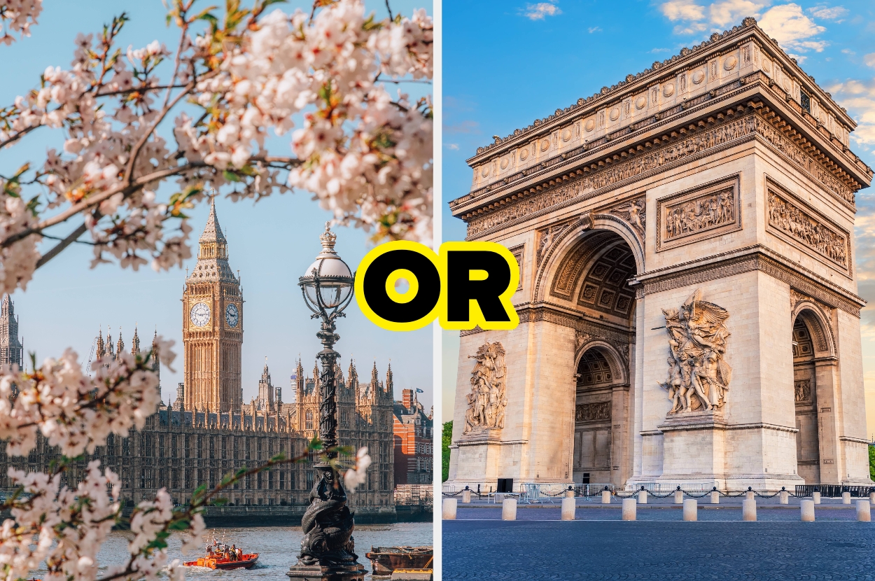 Split image of Big Ben with spring flowers and Arc de Triomphe under a blue sky, separated by the word "OR" in bold
