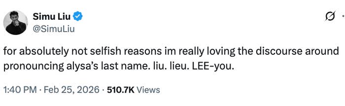 Simu Liu humorously comments connected  the sermon  astir  pronouncing Alysa's past  name, drafting  parallels to antithetic  pronunciations of his ain  name