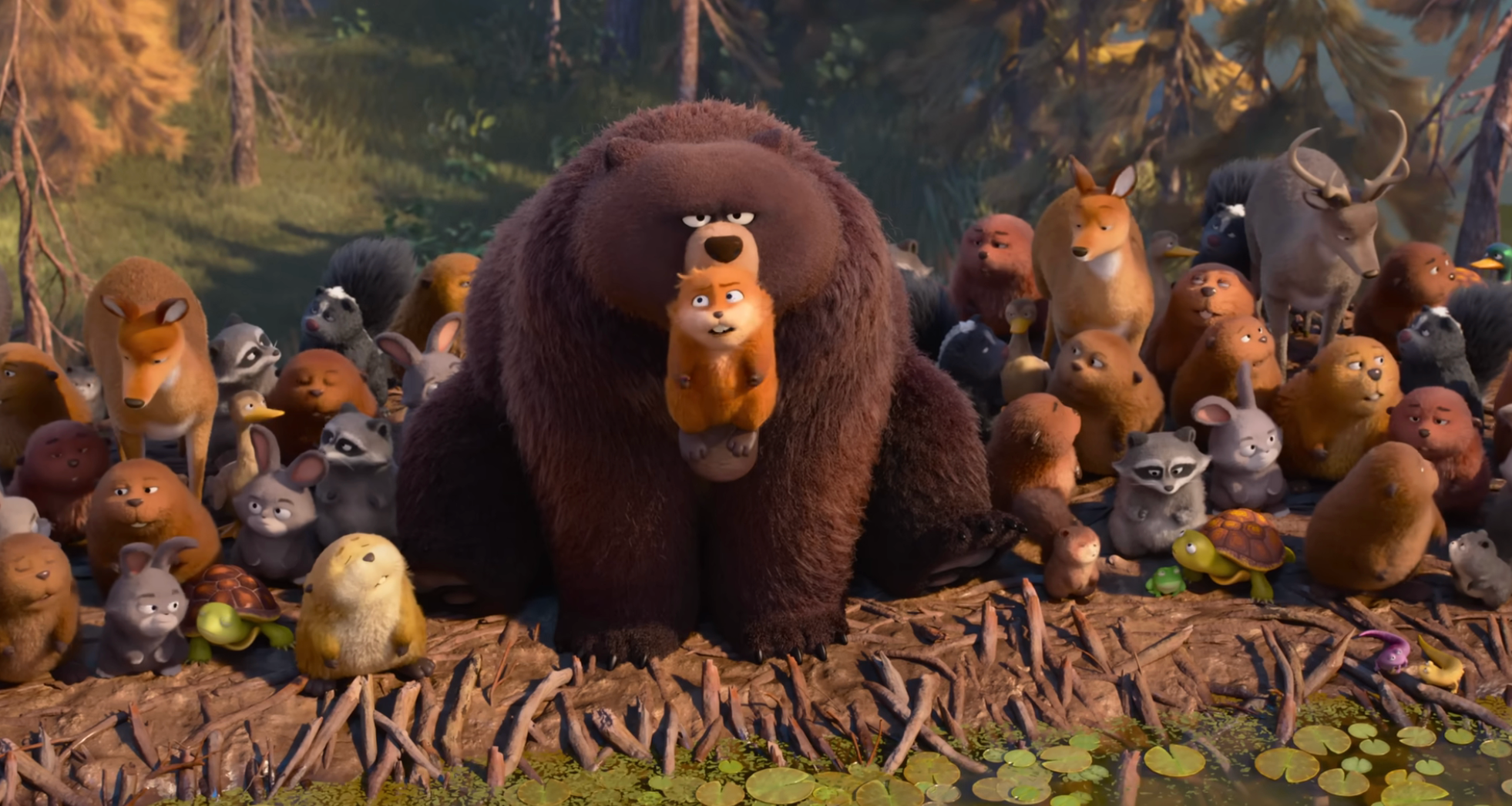 Cartoon animals stitchery  successful  a forest, with a ample  carnivore  holding a tiny  fox successful  the center, surrounded by divers  woodland creatures