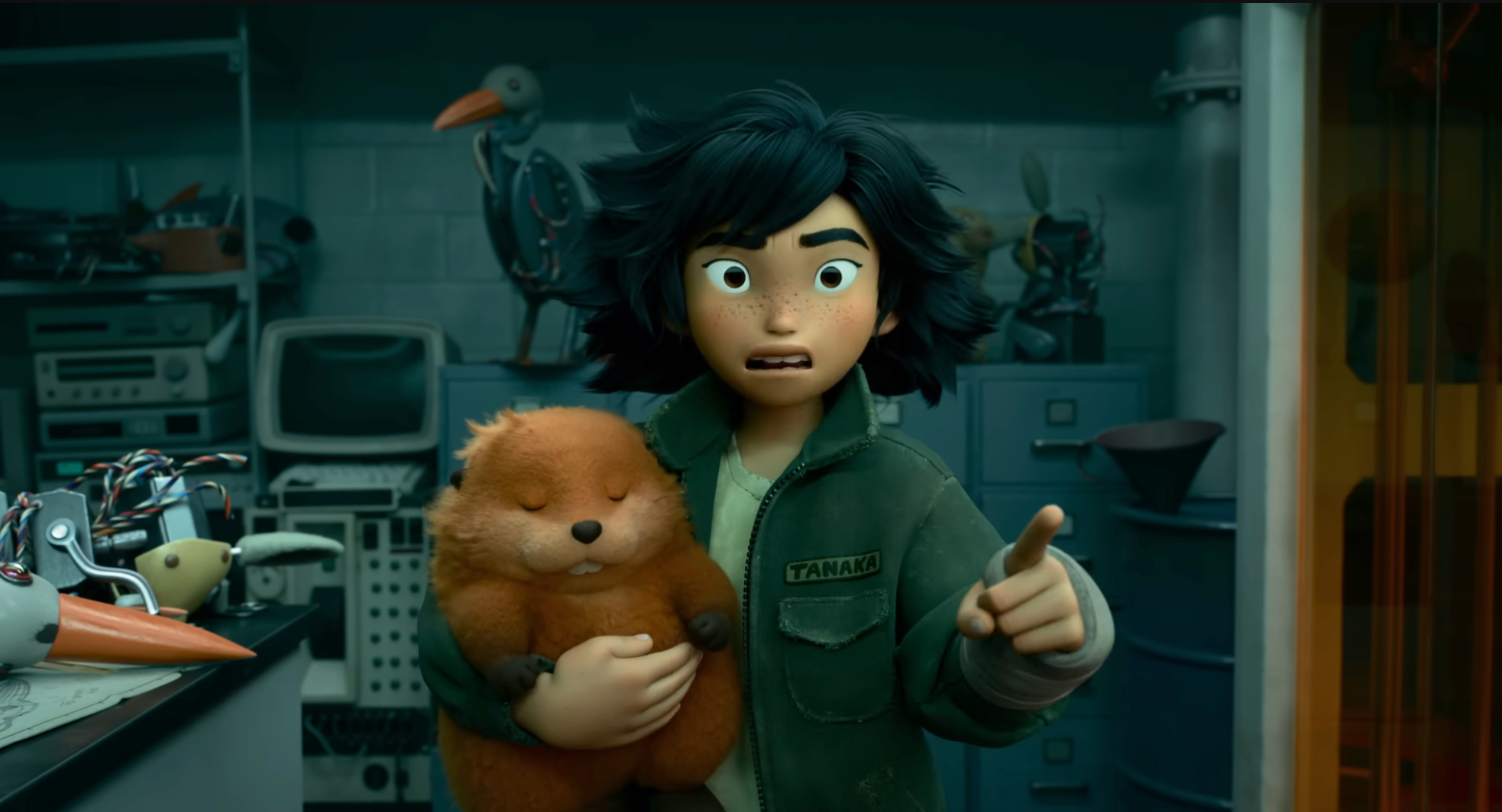 Animated quality  with messy hair, wearing a jacket, holds a plush creature, gesturing urgently successful  a cluttered laboratory  setting