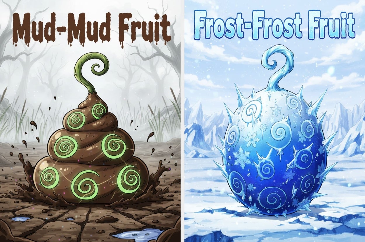 Illustration of two fictional fruits: "Mud-Mud Fruit" with a spiral design, and "Frost-Frost Fruit," an icy sphere with snowflakes