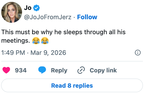 A societal  media station  from JoJoFromJerz joking astir  idiosyncratic    sleeping done  meetings, accompanied by 2  laughing emojis