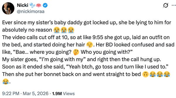 Tweet by Nicki Minaj joking about a situation involving her sister, with humor and emojis