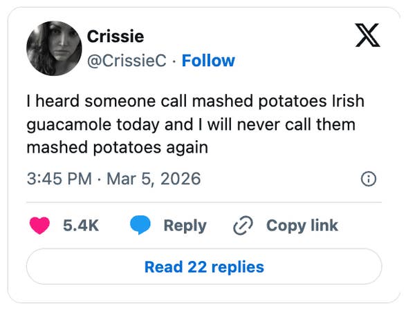 Social media post jokingly refers to mashed potatoes as "Irish guacamole" with a humorous vow to always call them that