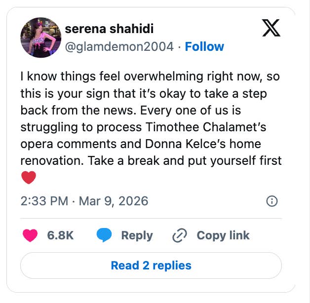 Social media post by Serena Shahidi mentioning the stress from recent events, encouraging taking a step back for self-care
