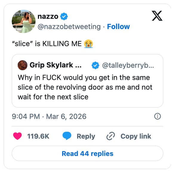 Tweet about frustration with sharing the same slice of a revolving door, with 119.6K likes and 44 replies option visible