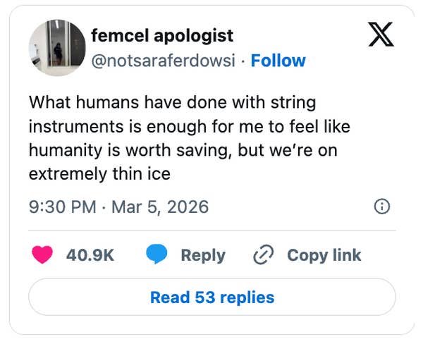 Tweet saying string instruments inspire hope in humanity but caution it's tenuous