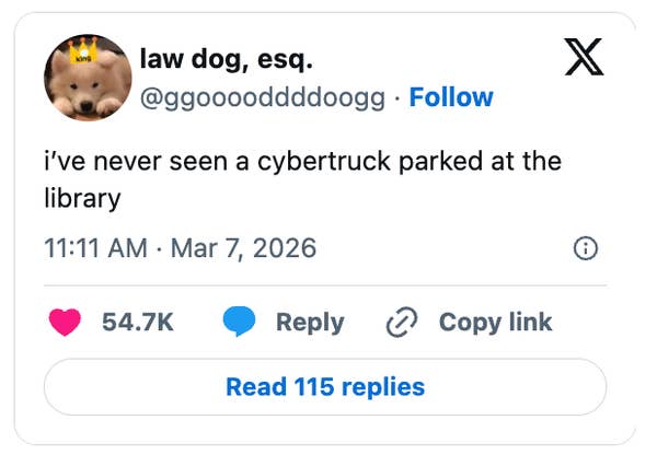 Tweet by law dog, esq., notes never seeing a Cybertruck at the library. It has 54.7K likes and 9K reposts