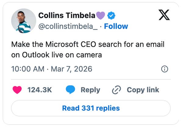 Social media post by Collins Timbela jokingly suggesting making the Microsoft CEO search for an email on Outlook live