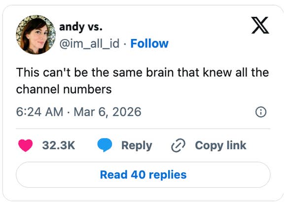 Social media post by andy vs., questioning how the brain that knew all TV channel numbers might be the same one now