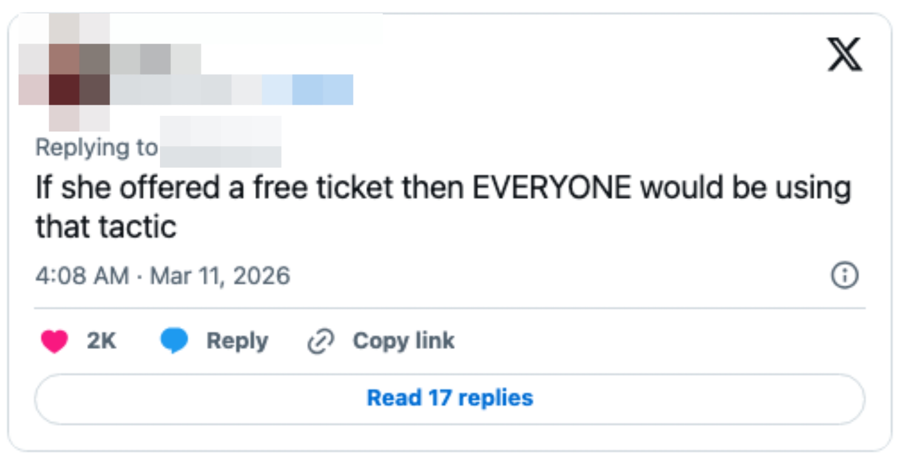  "If she offered a escaped  summons  past    EVERYONE would beryllium  utilizing that tactic." 2K likes, 8 retweets