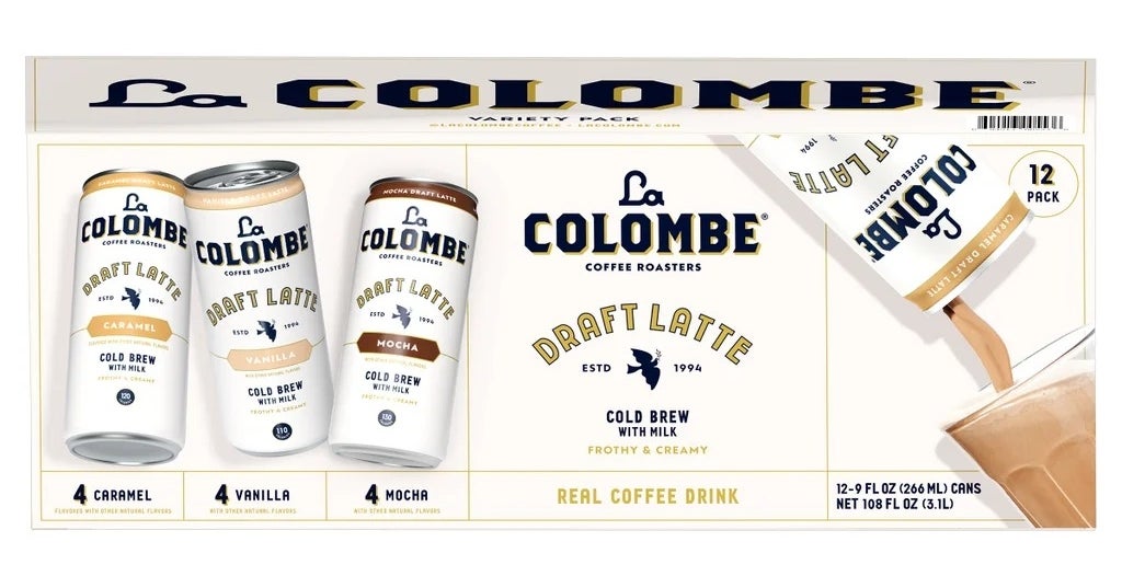 La Colombe Cold Brew Draft Latte variety pack includes 12 cans: 4 Caramel, 4 Vanilla, and 4 Mocha flavored coffee drinks