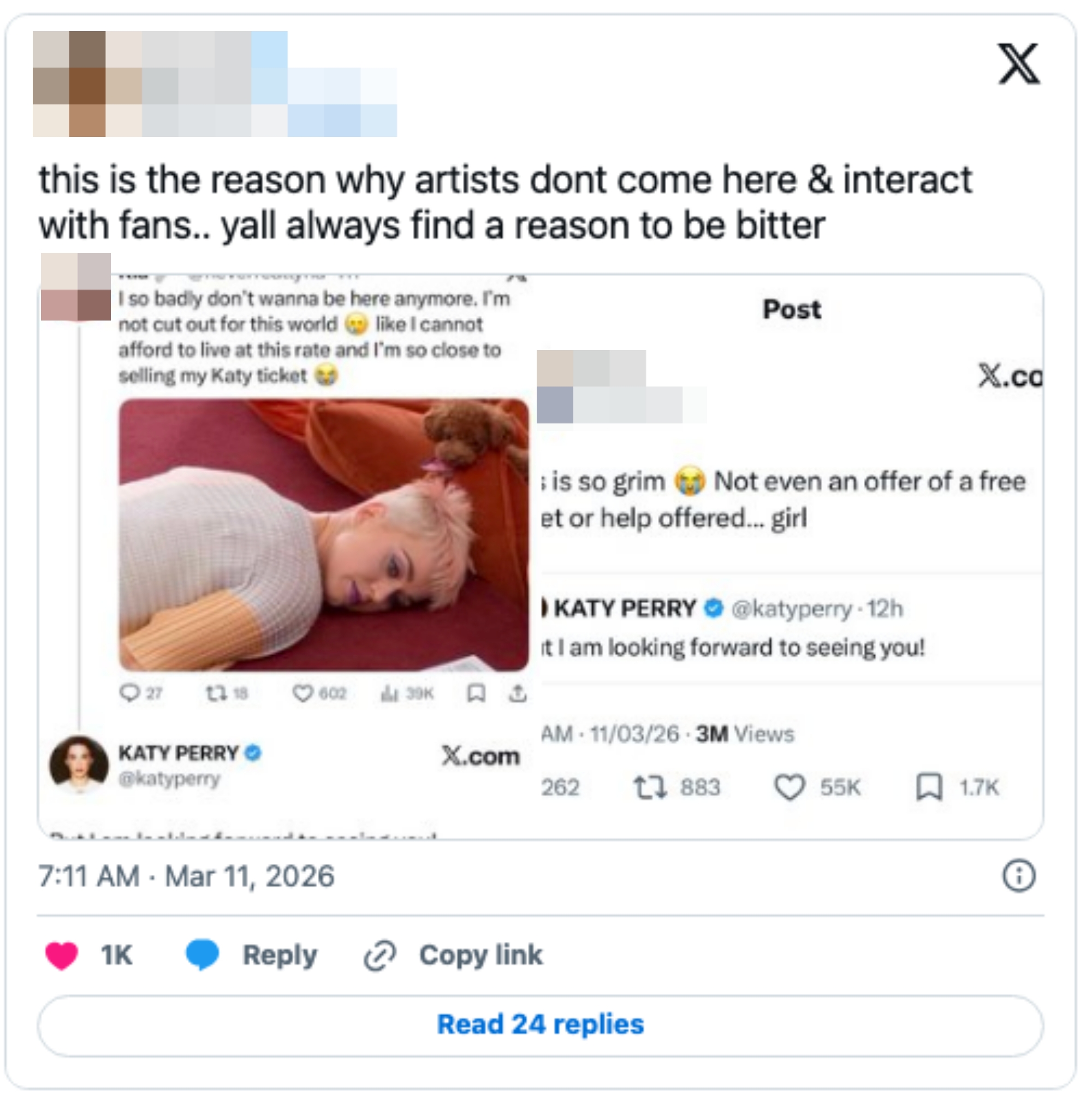 Tweet discussing antagonistic  interactions betwixt  artists and fans, mentioning Harry Styles and Katy Perry. Includes ailment  from a instrumentality   astir  constricted  opportunities