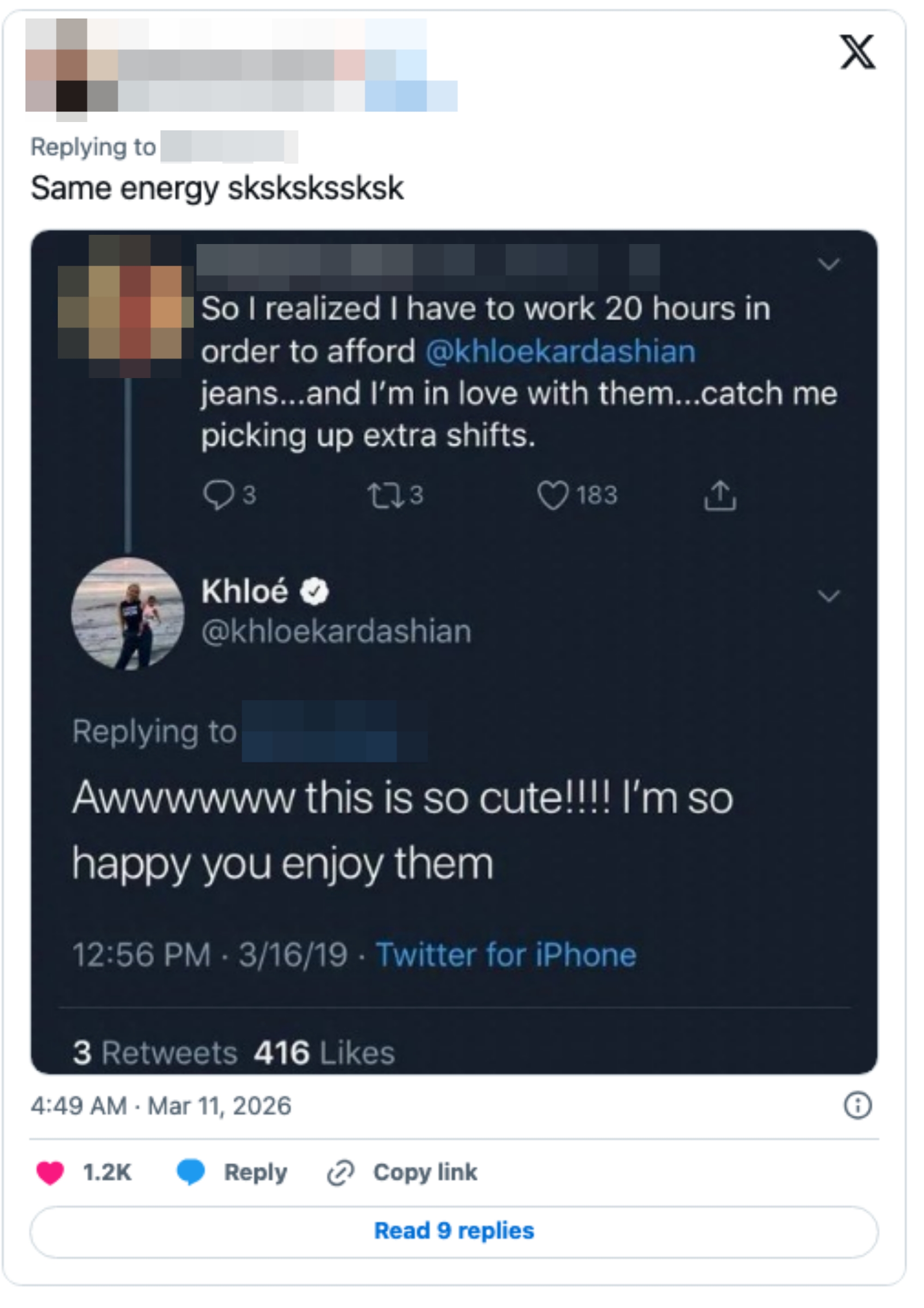 Screenshot of a tweet exchange. Kaelynn admires Khloé Kardashian's jeans, noting she works   other  hours to spend  them. Khloé responds with appreciation