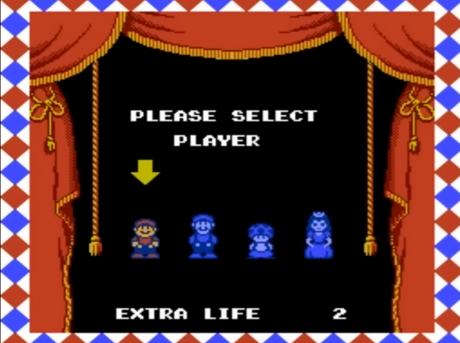 Video crippled  surface  showing "Please Select Player" with 4  quality  options and "Extra Life 2" indicated