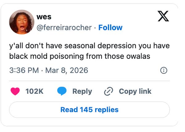 Tweet by user: "y'all don't have seasonal depression you have black mold poisoning from those owalas."