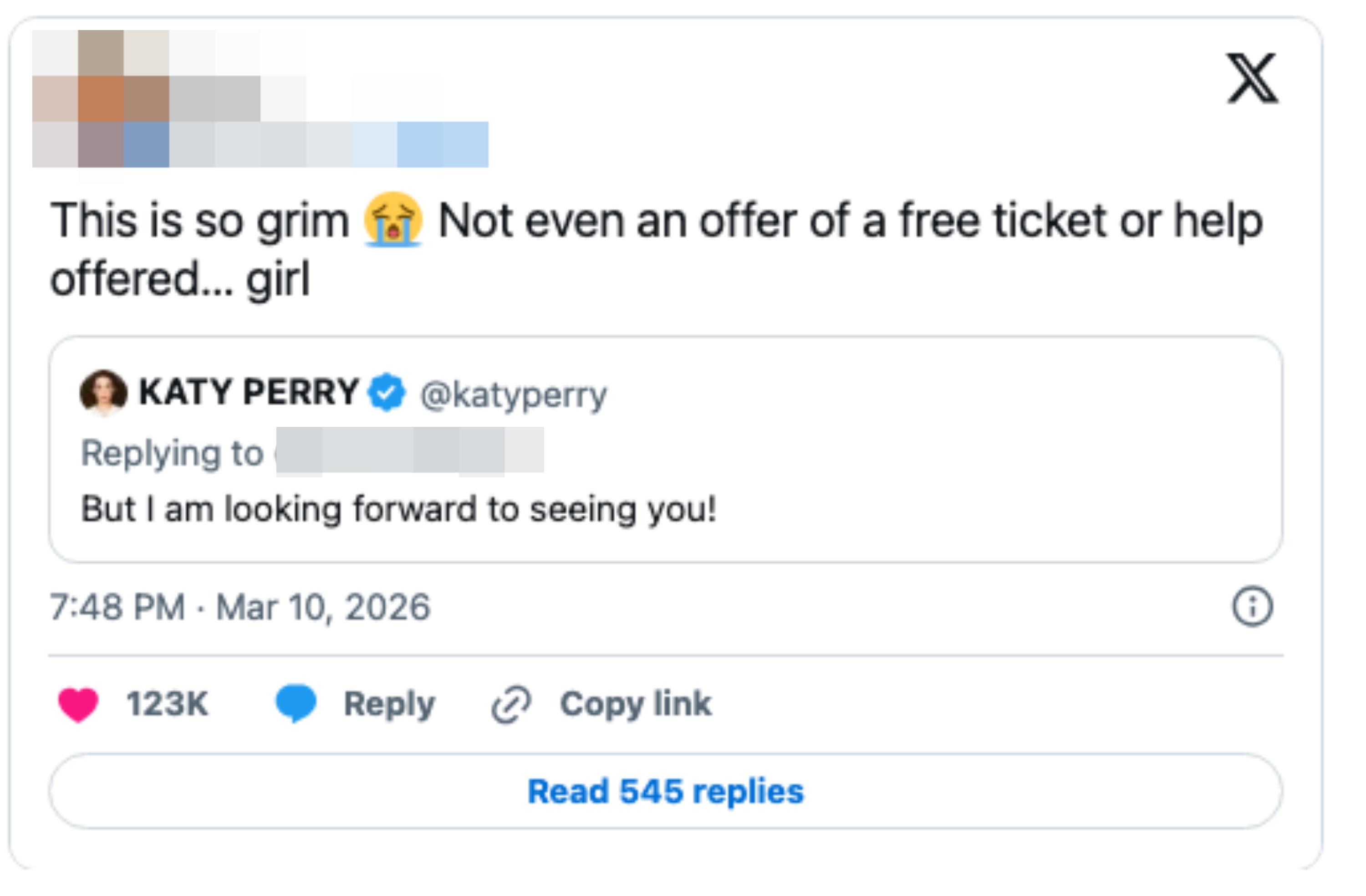 Tweet expressing disappointment astir  deficiency  of enactment    oregon  escaped  tickets for an event, contempt  affirmative  reply   from Katy Perry