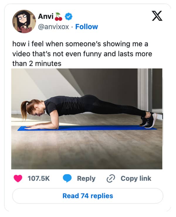 Woman in plank position with caption expressing humor about enduring unfunny long videos. Post has high engagement with likes and comments