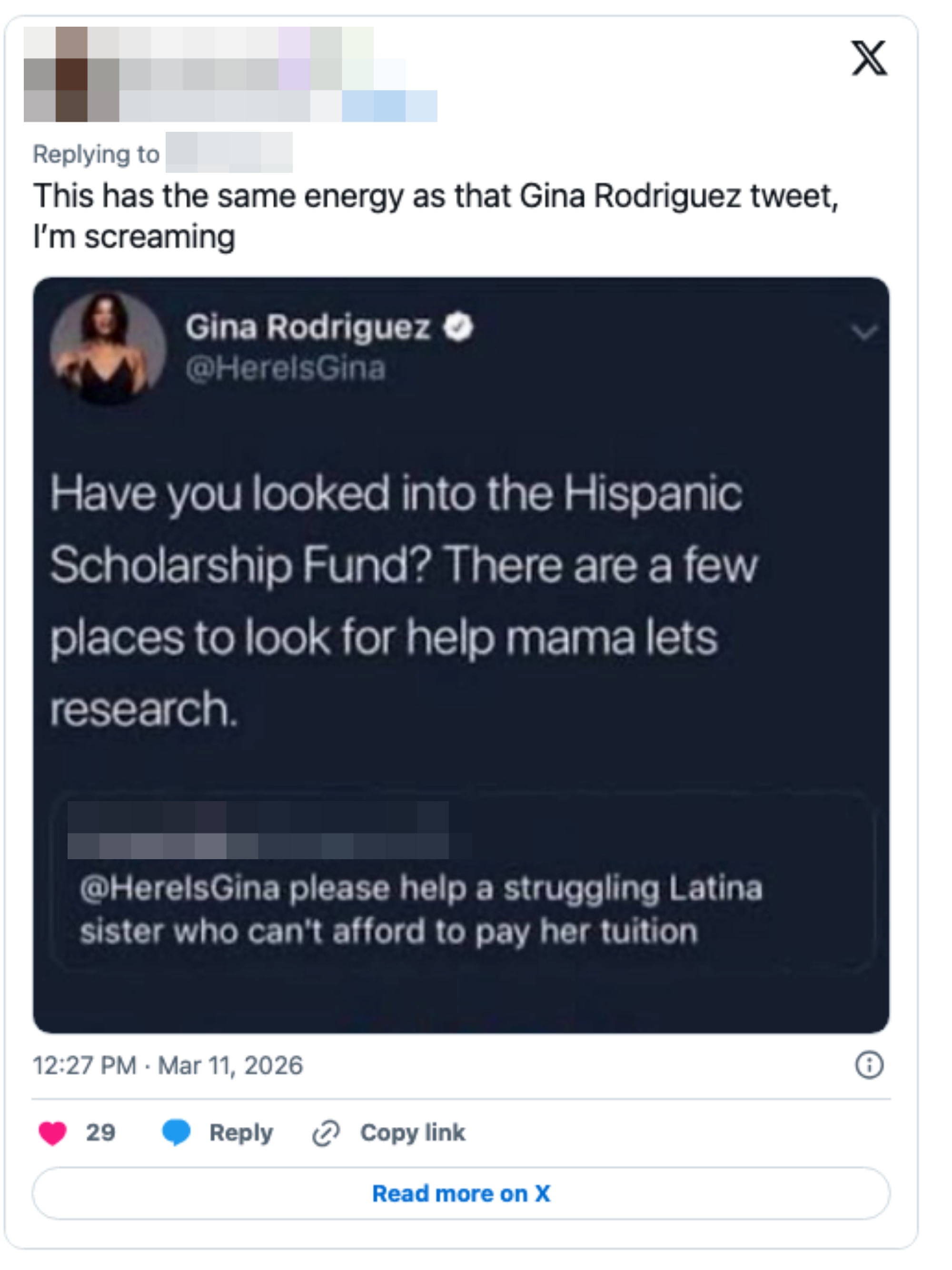 Tweet parody referencing Gina Rodriguez's remark  astir  Hispanic Scholarship Fund; humorous code    suggesting enactment    for a Latina student