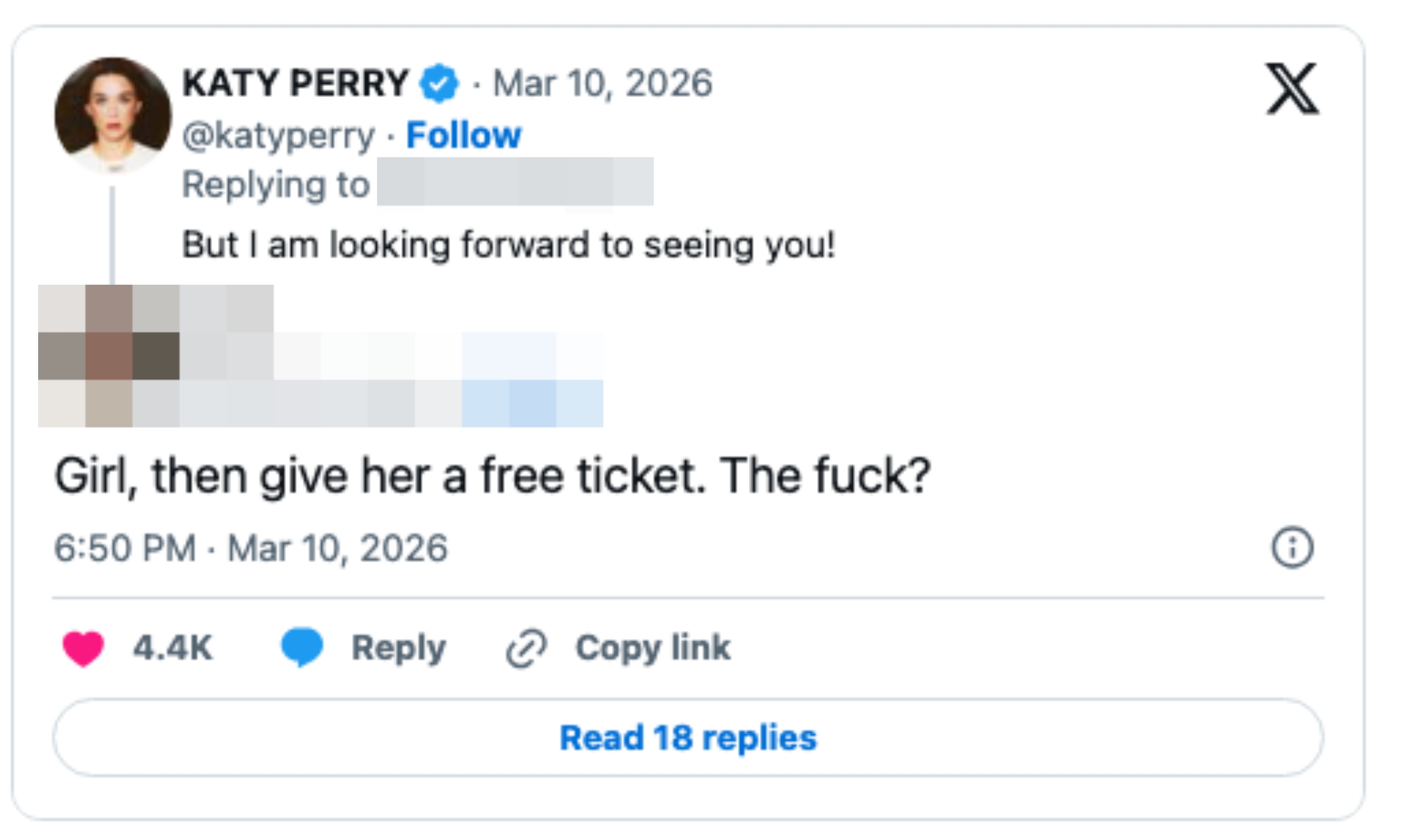 Katy Perry tweets she's excited to spot    someone. Keith responds, questioning wherefore  she doesn’t springiness  a escaped  ticket