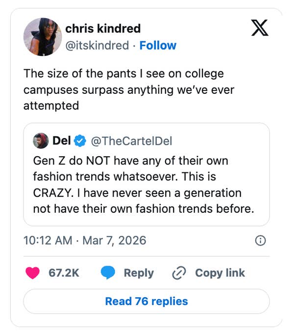 Screenshot of a tweet by Chris Kindred about college fashion, quoting another tweet critiquing Gen Z fashion trends