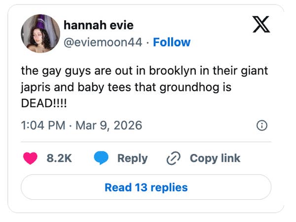 Social media post by user eviemoon44 about people in Brooklyn wearing japis and baby tees, with humorous mention of a groundhog being "dead."