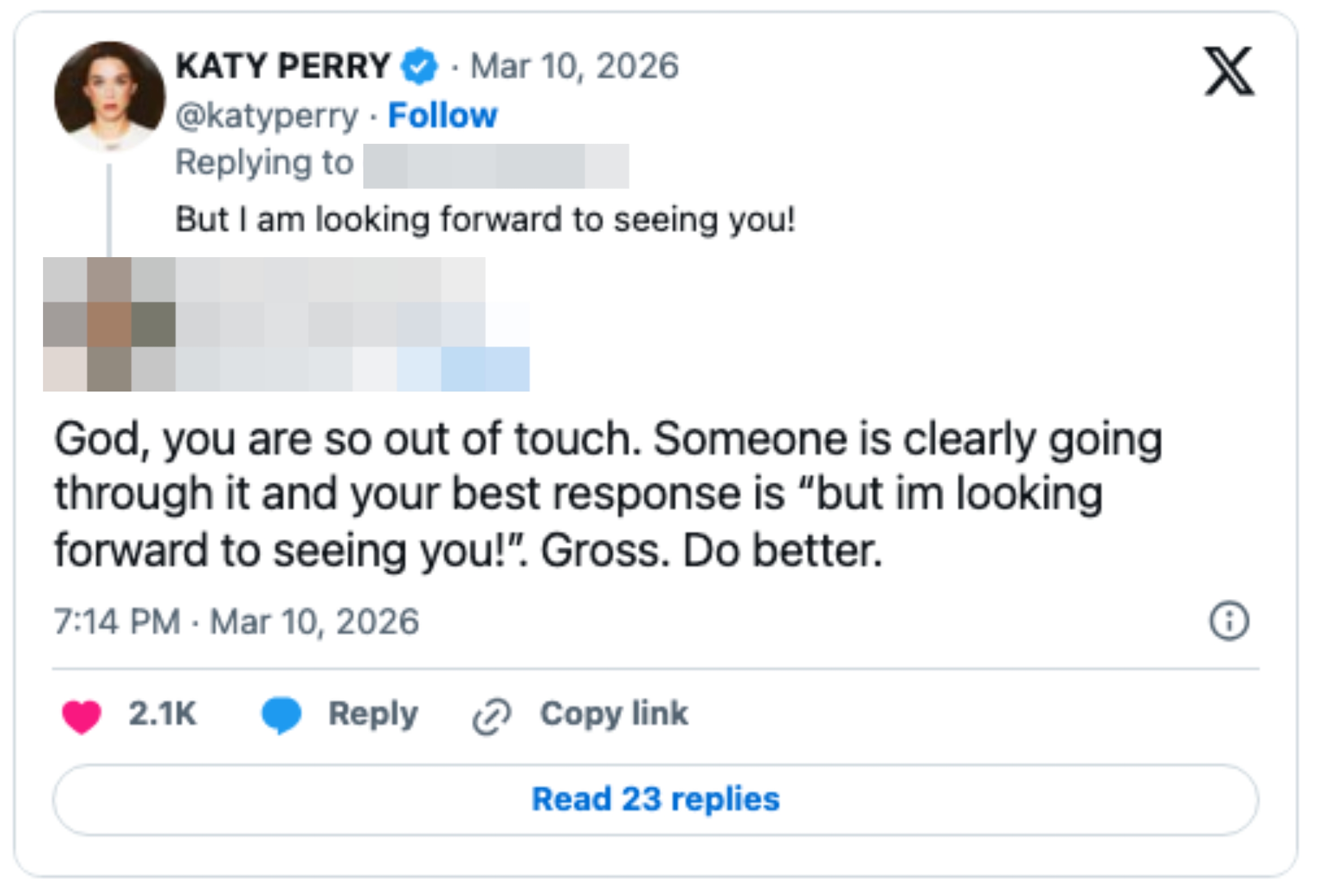  Samantha Turner criticizes Katy Perry's effect   to someone's post, calling it retired  of interaction   and urging her to bash  better