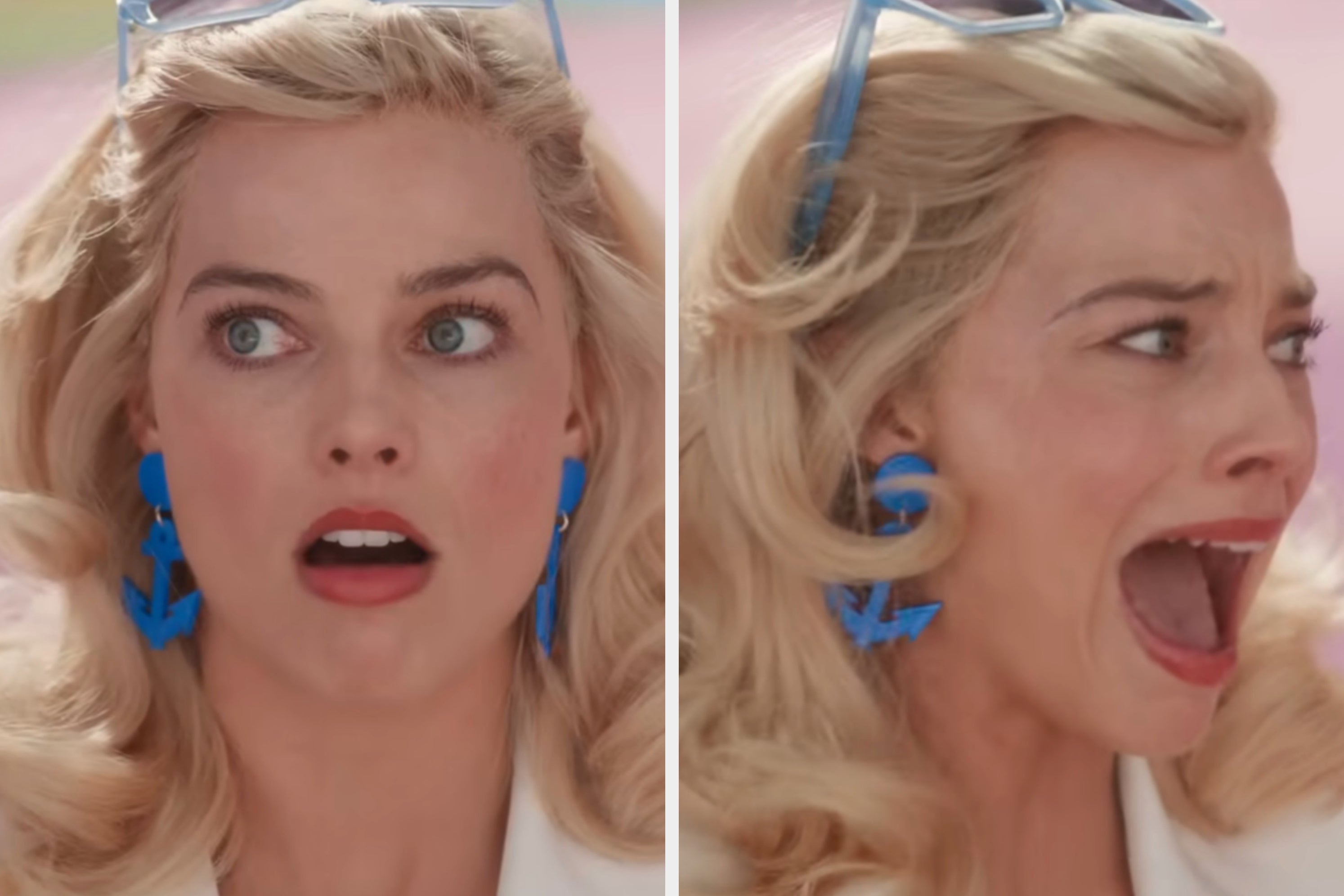 Two close-up shots of a surprised blonde woman with styled hair, wearing anchor earrings and a white outfit, reacting with wide eyes and open mouth