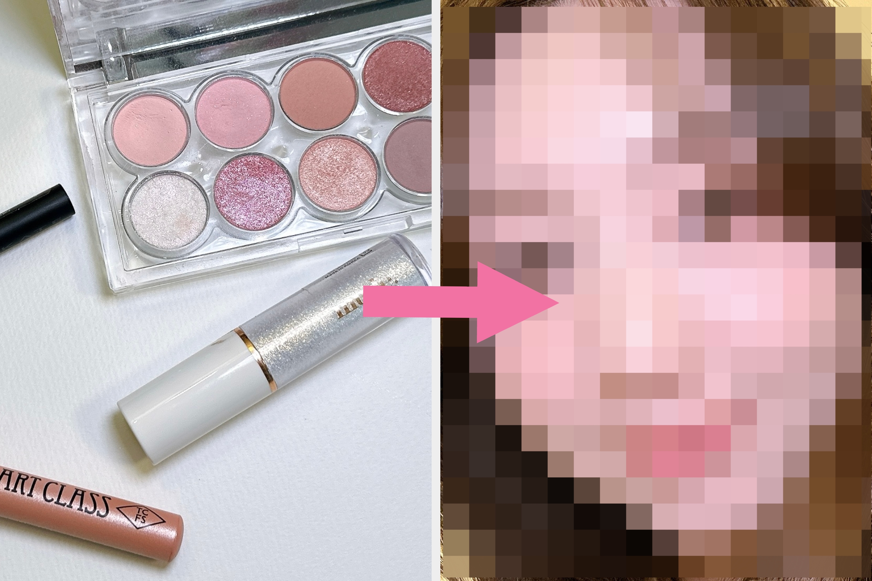 アイシャドウパレット、黒いペン、コンシーラー、リップクレヨンのメイク道具が並んでいる。