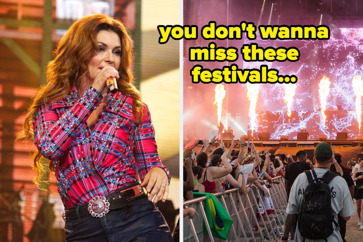 Singer performing on stage in a plaid outfit; the right side shows a music festival crowd watching a pyrotechnic display. Text: "you don't wanna miss these festivals..."