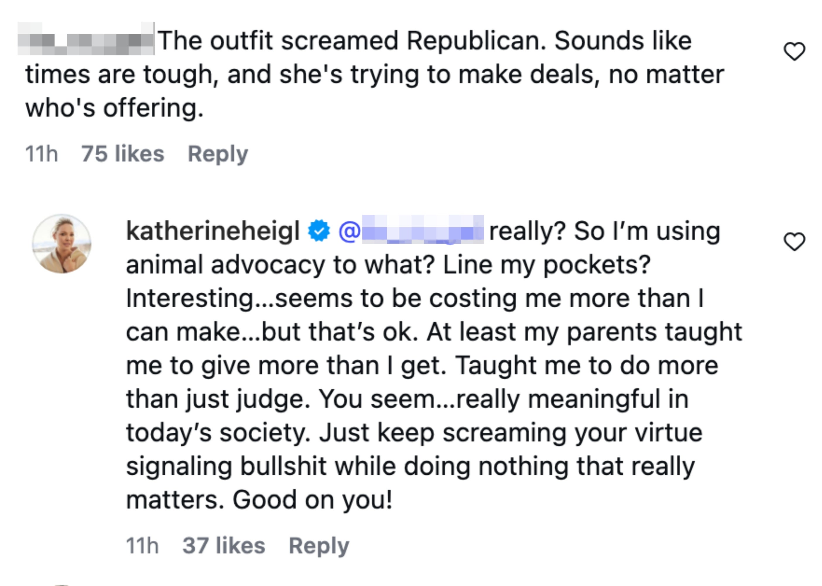 Kommentarer som diskuterer verdien av aktivisme og beskyldninger om dydssignalering. Katherine reagerer defensivt om dyreadferd