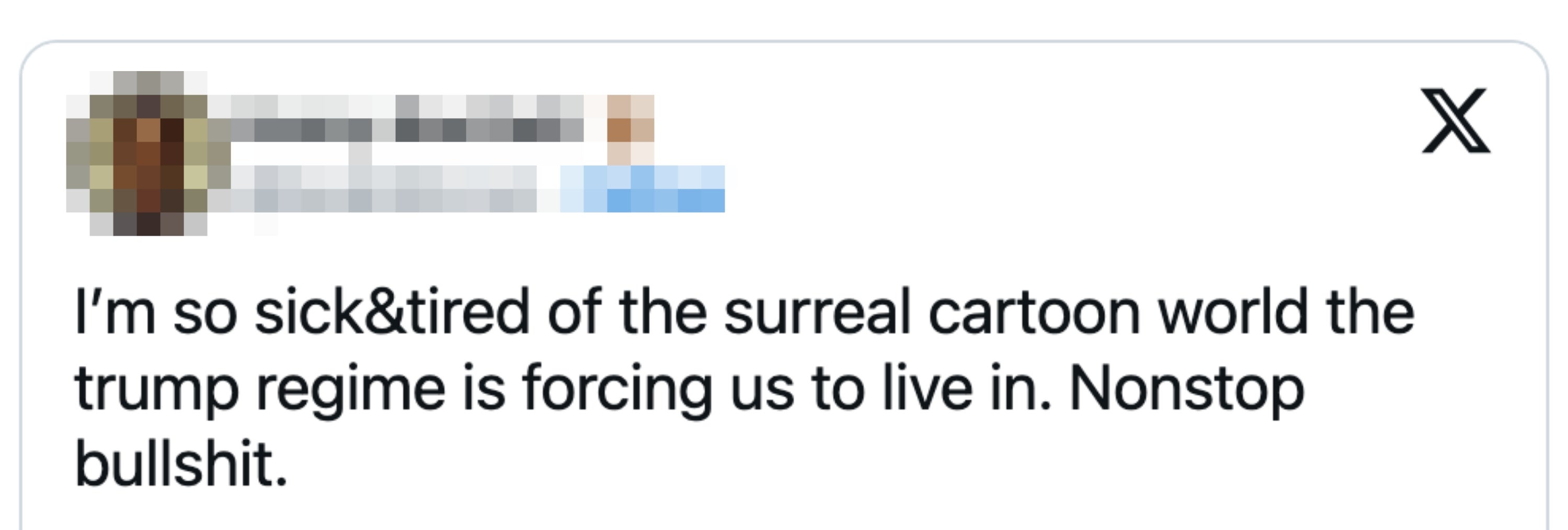Tweet som uttrykker frustrasjon over det politiske klimaet, og refererer til det som en surrealistisk tegneserieverden under Trump-regimet