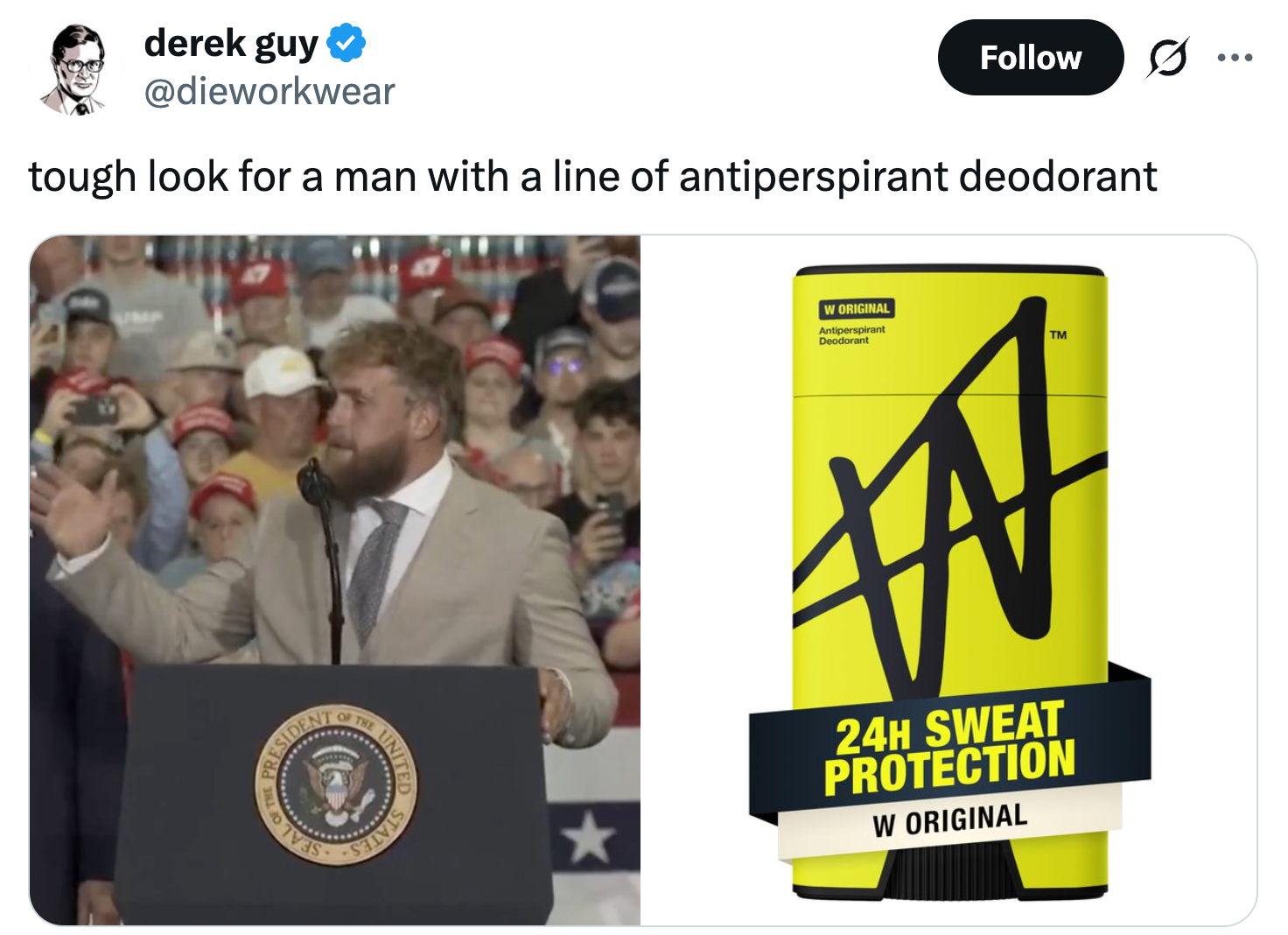 En mann i dress taler ved et podium med en presidentsegl. Ved siden av ham er et bilde av en antiperspirant deodorantpinne, merket