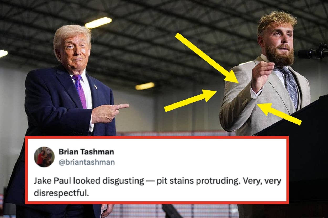 Two men stand together on a stage. One points at the other, who speaks at a podium. A tweet about pit stains is overlaid on the image