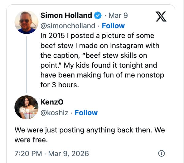 Tweet humorously reflects on a past Instagram post of beef stew, with another user commenting on carefree social media habits in 2015