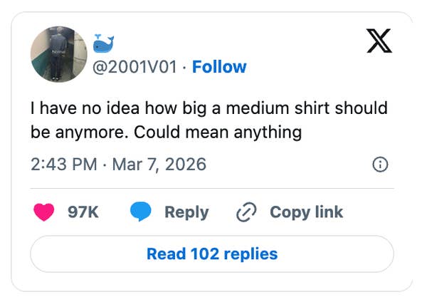A social media post jokes about the unpredictable sizing of medium shirts